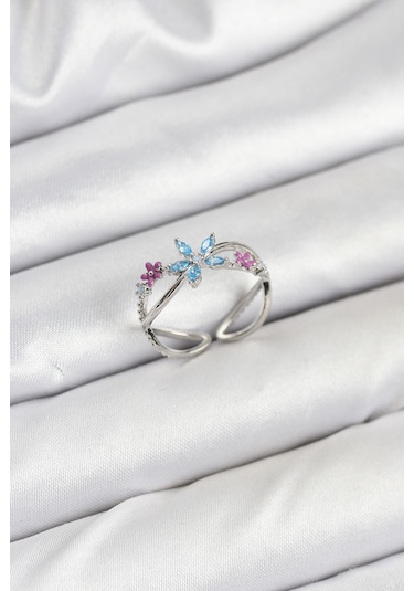 Tua Moda Pirinç Gümüş Renk Zirkon Taşlı Mavi Çiçekli Kadın Yüzük Gümüş