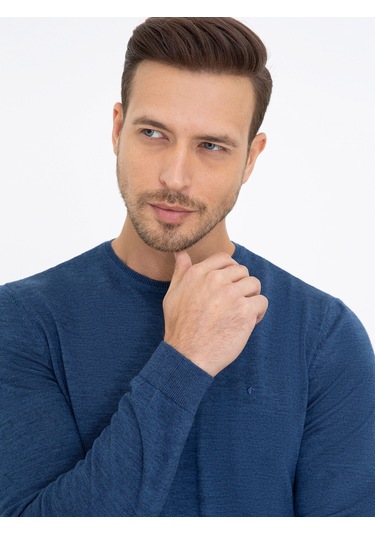Cacharel İndigo Slim Fit Bisiklet Yaka Basic Triko Kazak Mavi