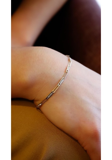 Semiz Altın Taş Detaylı Ataç Altın Bileklik Sarı - Yeşil