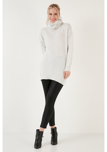 Lela Balıkçı Yaka Örme Uzun Bayan Kazak 4615018 Açık Gri