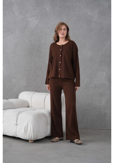 Kadın Bisiklet Yaka Düğme Kapama Kaşkorse Ceket Pantolon İkili Triko Takım Kahve