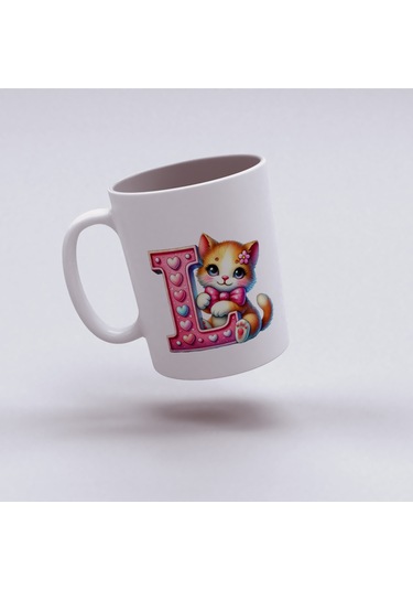 L Harfli Bardak, Sevimli Kedili Pembe Tasarım Bardak, Arkadaşa Aileye Hediye Porselen Beyaz