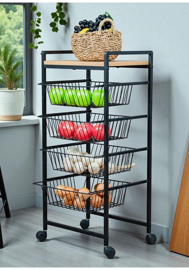 Dekoratif Tekerlekli Metal Sebzelik 4 Tel Sepetli Çam Ahşap Raflı Çok Amaçlı Stand Siyah