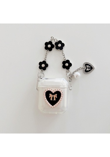 Apple Airpods 3. Nesil İle Uyumlu Kılıf Kalp Leopar Taş Kiraz Desenli Fiyok Tutmalı Kılıflar Siyah+gümüş