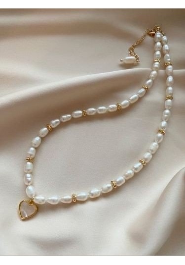 Vip Tasarım Gerçek İnci Sedef Kalpli Kolye Altın Kaplama Beyaz