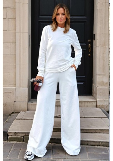Kadın Uzun Kollu Sweatshirt , Bol Paça Beli Lastikli Cepli Pantolon - Alt & Üst Takım 3485500 Beyaz