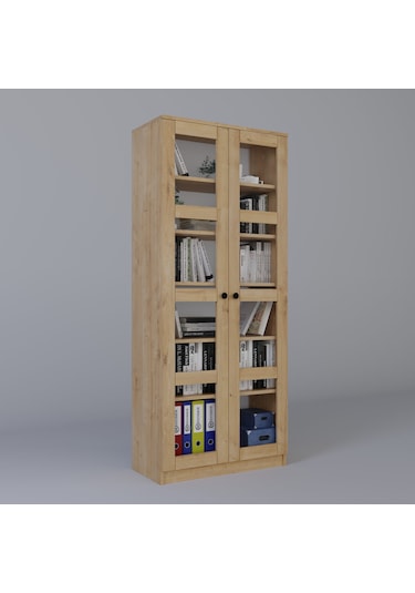 Lucas Cam Kapaklı Vitrin - Büfe - Kitaplık Ve Çok Amaçlı Dolap Ayarlanabilir Raf Ceviz - Meşe Safir Meşe