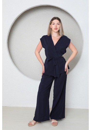 Kadın Üstü Kruvaze Modal Pantolonlu Takım Indigo