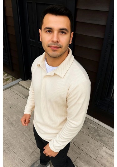 Erkek Fitilli Polar Sweatshirt Düğmesiz Polo Yaka, Oversize Rahat Kalıp, Kalın Polar Kumaş, Kışlık Beyaz