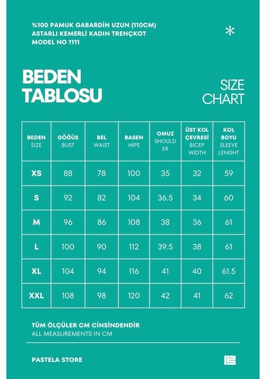 Pastelastore %100 Pamuk Gabardin Uzun 110cm Astarlı Kemerli Kadın Trençkot 1111 Haki