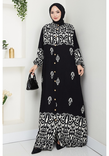 Çilay Düğmeli Dokuma Viskon Elbise 1561 - Siyah Siyah