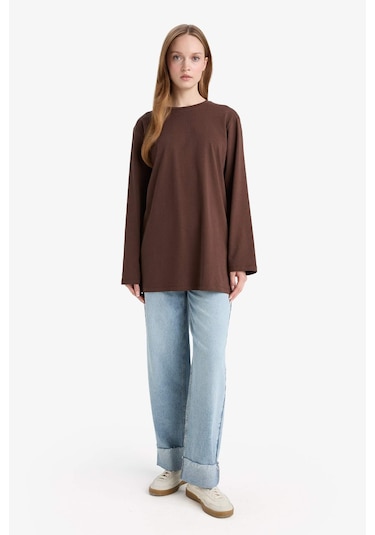 Defacto Regular Fit Bisiklet Yaka Uzun Kollu Tişört Tunik D4897ax25aubn341 Kahve