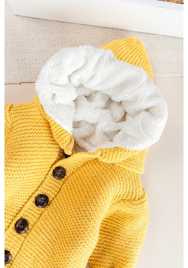 Triko Örme Welsoft Astarlı Kapüşonlu Kışlık Bebek Tulum Sarı