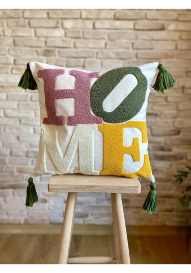 Swita Home Punch İşlemeli Tekli Dekoratif Özel Tasarım Kırlent Kılıfı Panç Mor - Yeşil