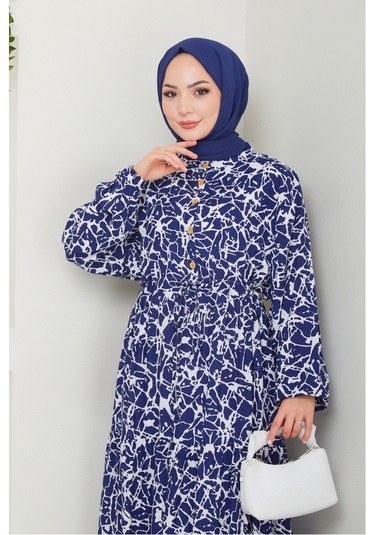 Sevil Yarım Düğmeli Dokuma Viskon Elbise 1504 - Lacivert Lacivert