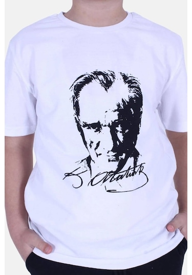 Atatürk Baskılı İmzalı Beyaz Unisex Çocuk T-shırt-beyaz Beyaz