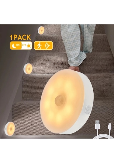 Chuangyinshop Sarı Yuvarlak Hareket Sensörlü 8 Led Usb Dolap Koridor Ofis Aydınlatma