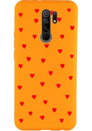 Xiaomi Redmi 9 Uyumlu Sevimli Kalpler Desenli Premium Silikonlu Telefon Kılıfı Turuncu