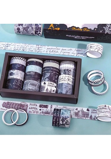 Dikdörtgen Vintage Washi Tape Bant Yapışkanlı Maskeleme Kağıdı Desenli Bant 20'li - Siyah Seri Bant 1