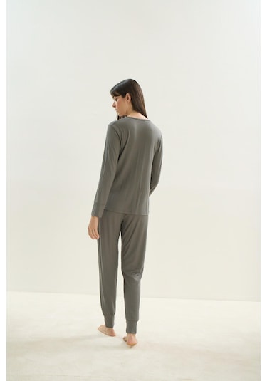 Kadın Uzun Kol Kaşkorse Haki Pijama Takım C8t7n1o61 001