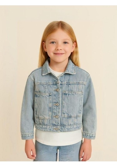 Kız Çocuk Yandan Kanguru Cepli Kot Ceket-16066 Mavi