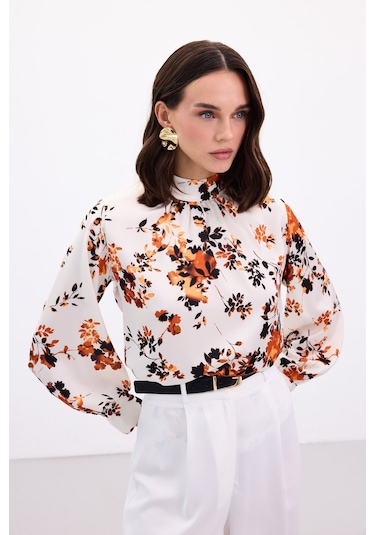 Sateen Dik Yaka Bluz - Oranj-136868 Oranj