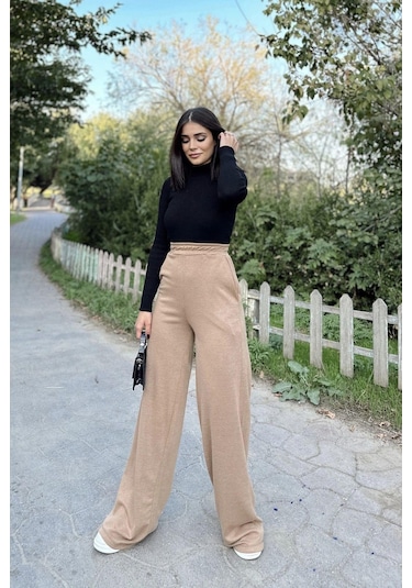 Kadın Camel Beli Lastikli, Cepli Örme Dokuma Kumaş, Bol Paça, Salaş Pantolon Camel