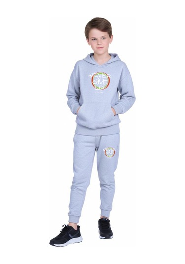 Kanguru Cepli Kapüşonlu Never Give Up Baskılı Erkek Çocuk Eşofman Takımı Gri