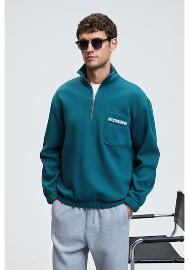 MERRICK Erkek Sırt Baskılı Cebi Nakışlı Yarım Fermuarlı Kolu Lastikli Dik Yaka Regular Fit Yeşil Swe