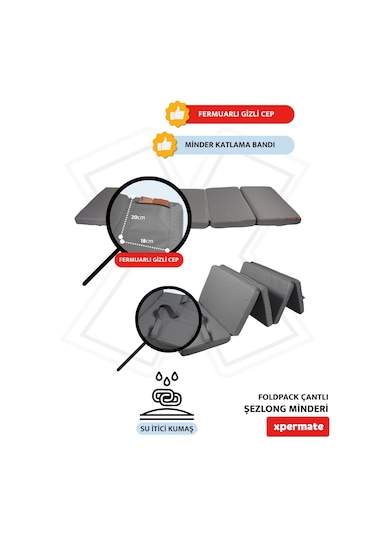 Xpermate Katlanır Şezlong Minderi Çantalı Cepli Foldpack 30x60gri