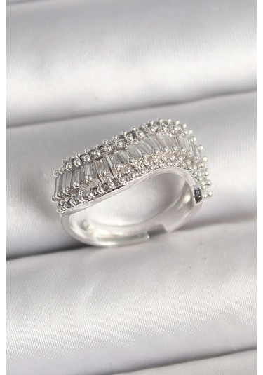 Nova Bazaar Pirinç Gümüş Renk Su Yolu Zirkon Dalga Model Ayarlanabilir Kadın Yüzük Gümüş