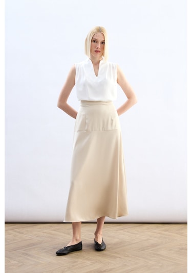 Sateen Yüksek Bel Saten Etek - Taş-136786 Taş