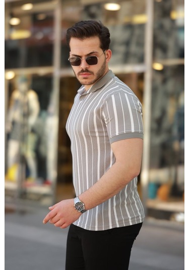 Erkek Yakalı Örme Kumaş Kısa Kollu T-shirt Gri - Beyaz