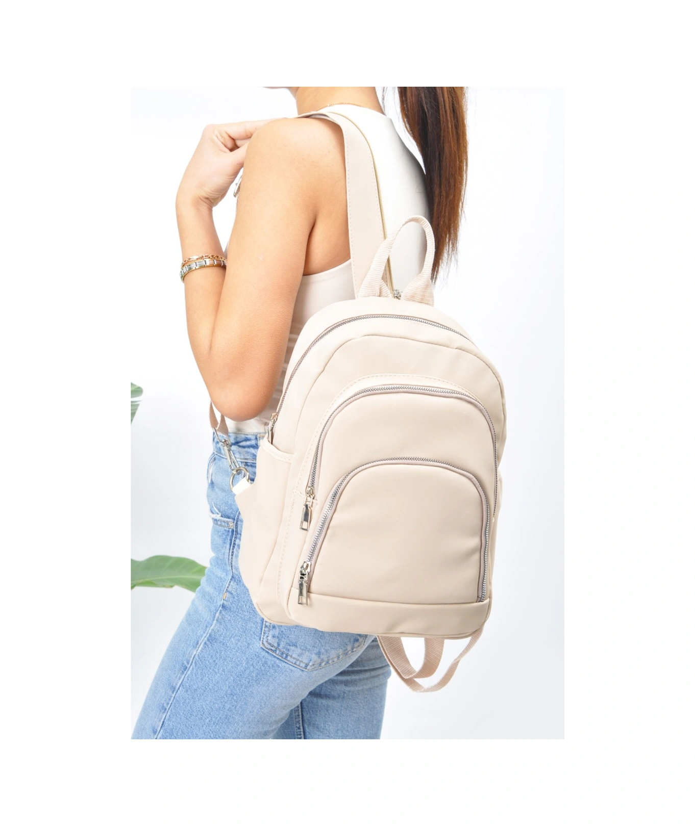 Tezzgelsin Unısex Su Geçirmez Saten Suni Deri Günlük Kullanım Sırt Çantası Bej