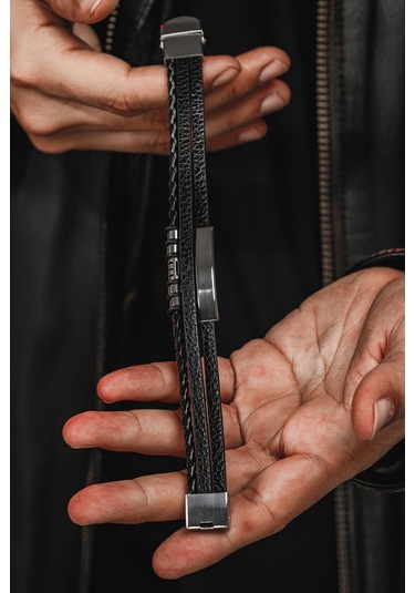 Erkek Deri Bileklik - İsim Yazılan Paslanmaz Çelik Deri Kordonlu Erkek Bileklik Siyah