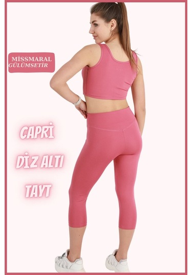 Diz Altı Kapri Tayt Gül Kurusu Yüksek Bel Toparlayıcı Dar Paça Karyoka Dikiş Detaylı Capri 1020 Gül Kurusu