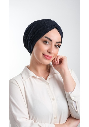 Lacivert Pratik Hazır Geçmeli Tesettür Bone Fukuro Simli Büzgülü 2116 02 Lacivert