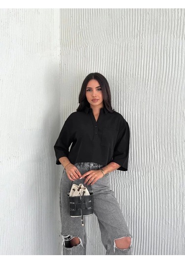 Z Krep Kadın Crop Yakalı Gömlek İlik Düğmeli Üç Çeyrek Sleeve Kol - Siyah Siyah