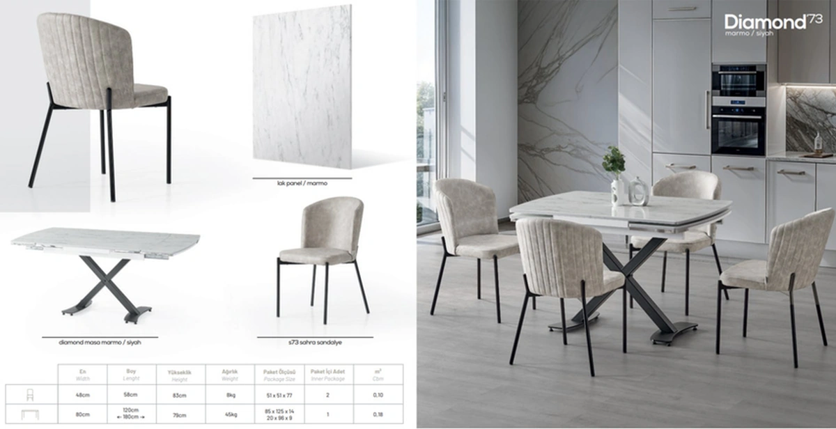 Dengema Diamond Açılır Masa Takımı Beyaz Mermer Siyah Metal Ayak, 4 Sandalyeli, 80x120/180 Cm Beyaz Mermer - Siyah Ayak Dengema Diamond Açılır Masa Takımı Beyaz Mermer Siyah Metal Ayak, 4 Sandalyeli, 80x120/180 Cm Beyaz Mermer - Siyah Ayak