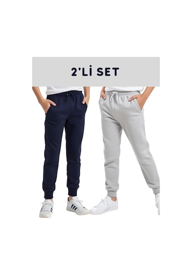 2'lü Düz Baskısız Jogger Çift Cepli Çocuk Eşofman Altı Lacivert - Gri