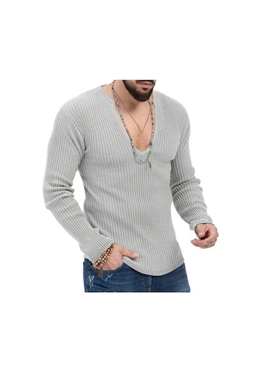 Erkek Örgü Kazak Derin V Yaka Nervürlü Uzun Kollu Düz Renk Slim Fit Yumuşak Sıcak Sonbahar Kış Rahat Erkek Kazak Üst Kazak Triko Kayısı Açık Bej