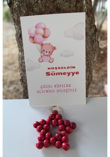 30 Adet Ahşap Yıldız Anahtarlık - Bebek Hediyelik - Kartlı