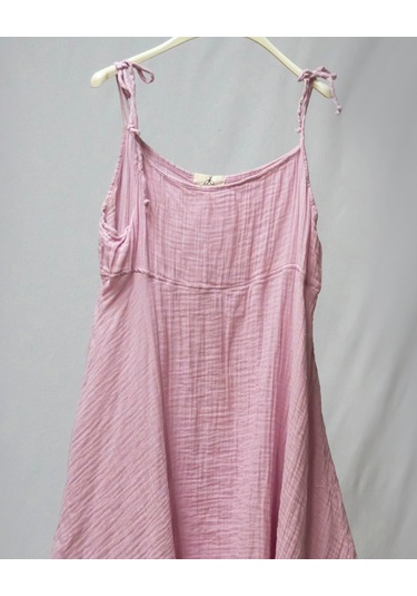 %100 Pamuk Müslin Nefes Alır Kadın Askılı Gecelik Elbise Pijama Rahat, Şık Gots Sertifikalı Açık Pembe