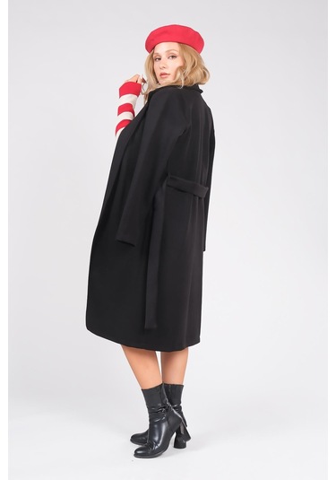 Giyim Dünyası Kadın Astarsız Kuşaklı Kaşe Kaban Siyah 001