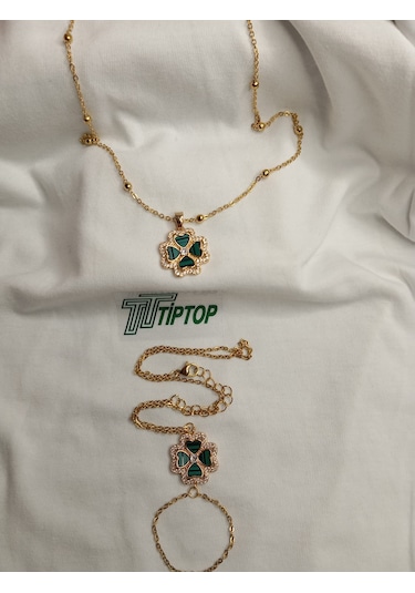Tiptop/ Yeşil Mineli Yonca Model Gold Renk Kolye Ve Şahmeran Set Gold