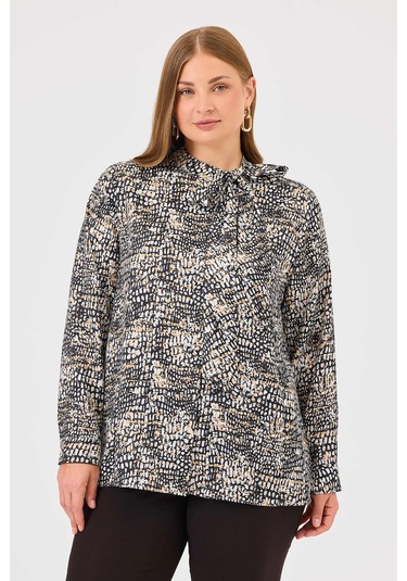 Galaxi Kadın Büyük Beden Yakası Bağlamalı Desenli Gömlek 4026 Siyah Siyah