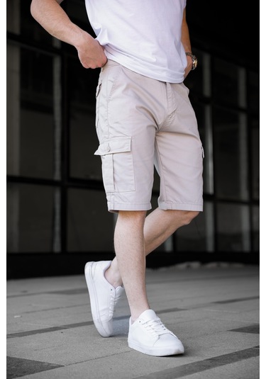 Taş Renk Kargo Cepli Gabardin Erkek Şort-1803 Taş