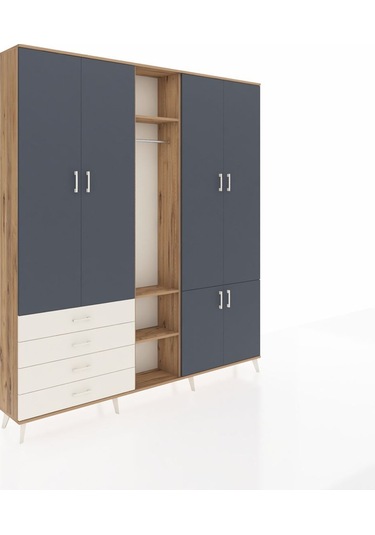 Arges Dolap 14 Raflı 4 Çekmeceli Tek Askılı 220x30x243 Çam-antrasit/aytaşı Antrasıt/aytası