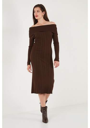 Lela Premium Fitilli Carmen Yaka Slim Fit Midi Boy Triko Bayan Elbise 680El00033 Kahve