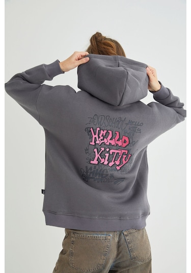 Hello Kitty Lisanslı Baskılı Kapüşonlu Sweatshirt Renkli